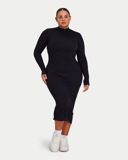 Womens Ribbed Base Long Sleeve Midi Dress