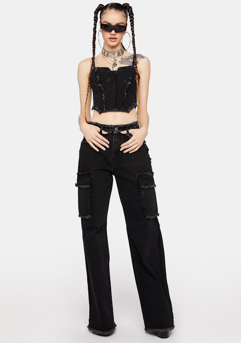 Angled Washed Denim Corset Top