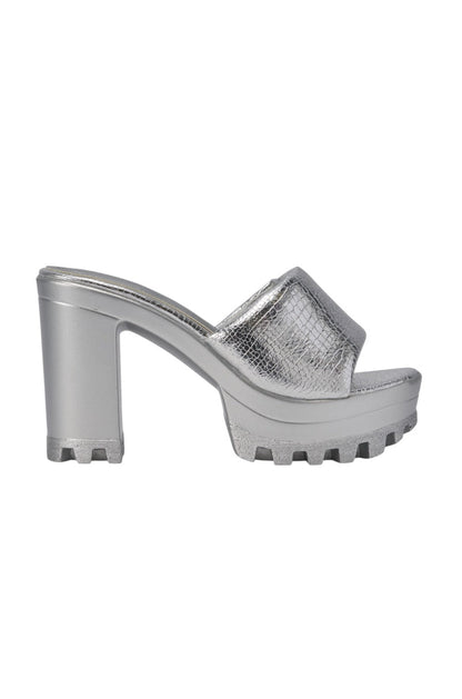 AKIRA COOLCAT SILVER CROC BLOCK HEEL MULE SANDAL