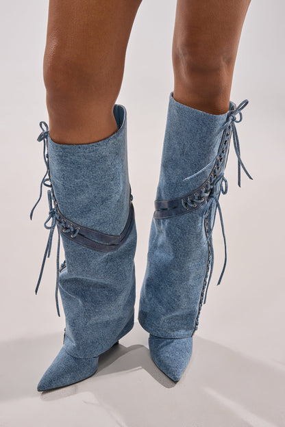 AKIRA GOLD MANTIGNA DENIM WEDGE BOOT