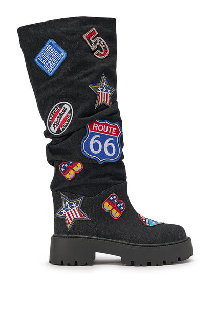 AKIRA GOLD POSTAL BLACK PATCHWORK FLAT BOOT