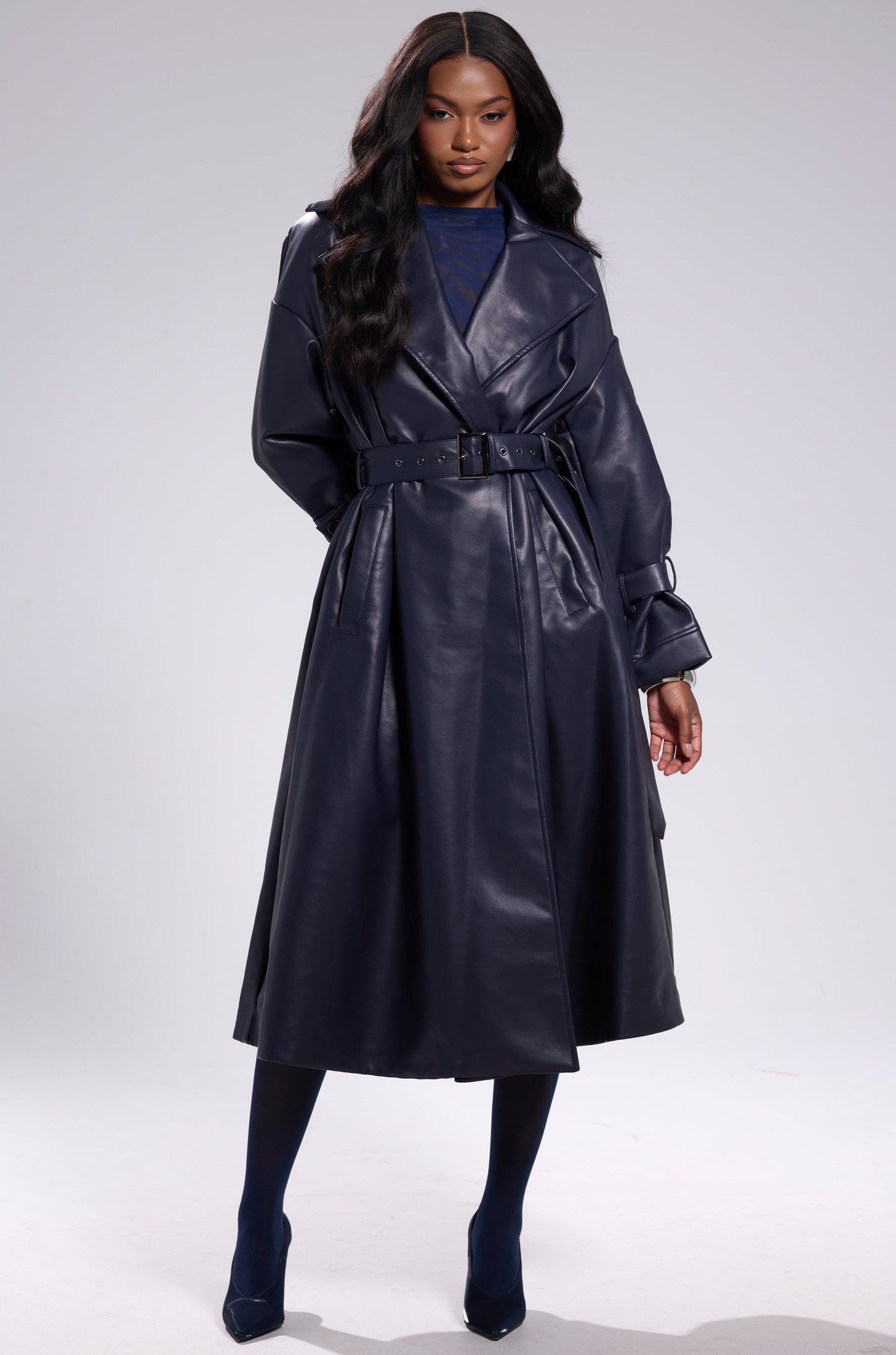 ALINNA FAUX LEATHER TRENCH IN NAVY