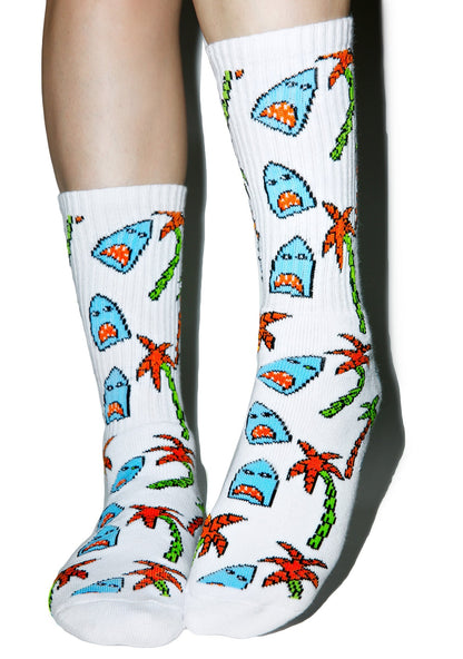 Anne Freeman Shark Attack Crew Socks - White