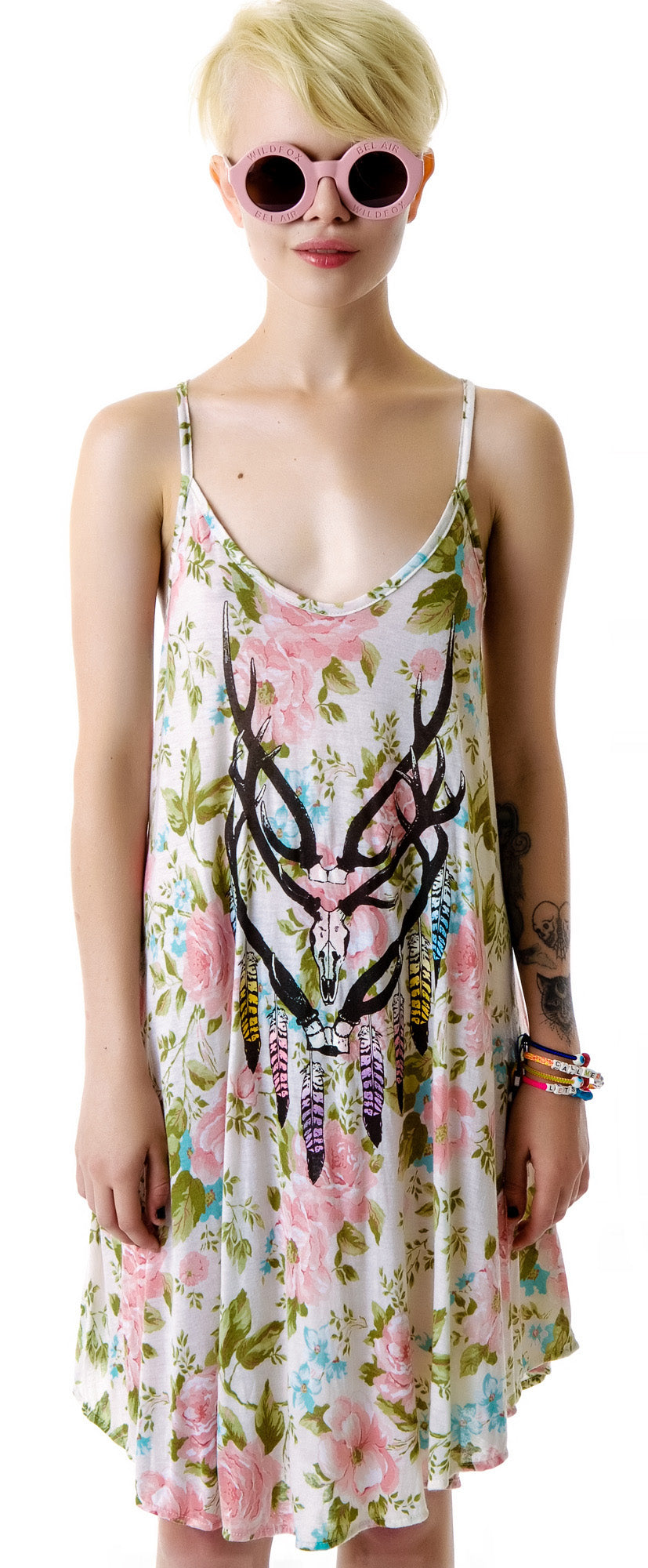 Antler Feathers Slip Dress - Off White