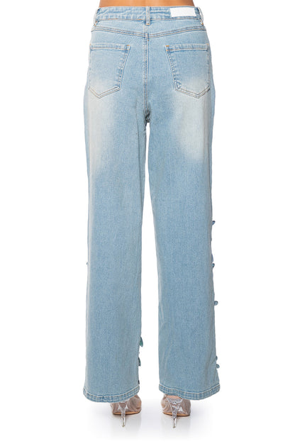 A GIRL NAMED LUCKY EMBELLISHED WIDE LEG RIPPED JEANS