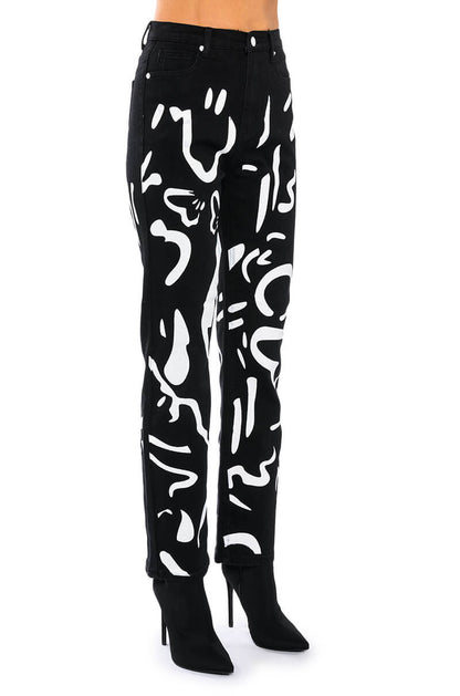 ABSTRACT PAINTED HIGH WAISTED WIDE LEG JEAN