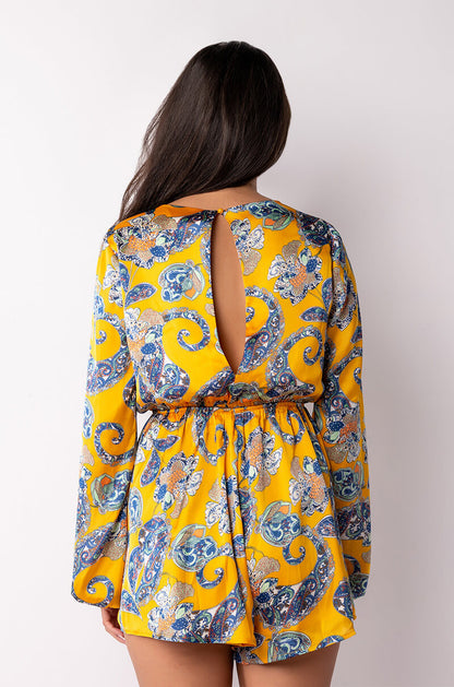 ADMIT IT LONG SLEEVE PRINTED ROMPER WITH CUT OUT