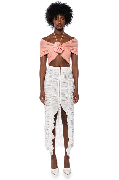 AIRA MESH OFF THE SHOULDER HALTER CROP TOP IN BLUSH PINK