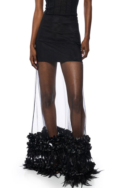 ALICE FEATHER DETAIL SHEER MAXI SKIRT IN BLACK