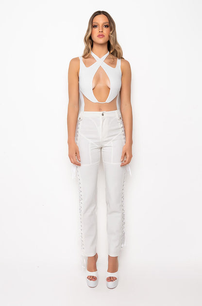 ALAIA MESH INSERT HALTER BODYSUIT
