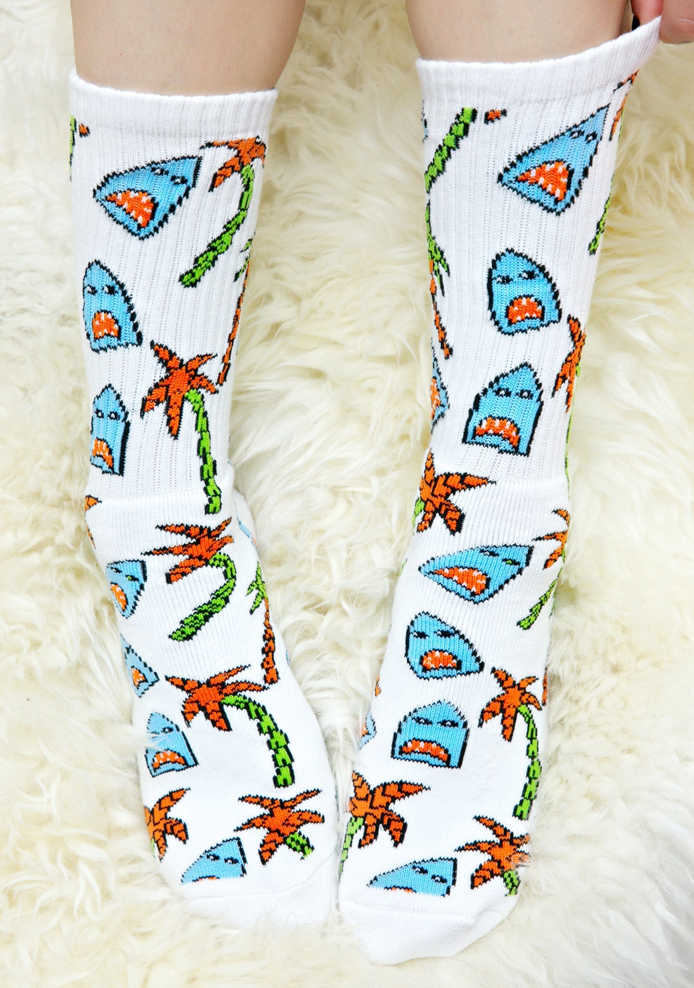 Anne Freeman Shark Attack Crew Socks - White