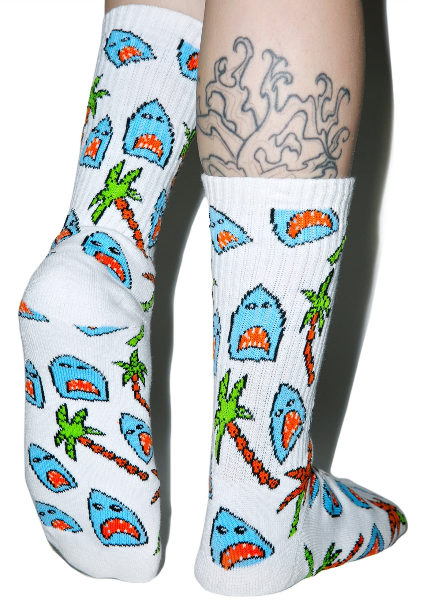 Anne Freeman Shark Attack Crew Socks - White